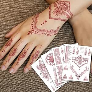 12 Sheets Waterproof Brown Henna Tattoos for Women - Wedding Party Peacock Lotus Stickers Body Art