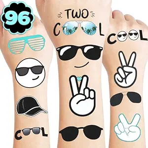 8 Sheets (96PCS) Two Cool Pre-Cut Temporary Tattoos for Kids – Teal and Black 2nd Birthday Party Supplies Decorations Favors, Cute Sticker Favors for Boys Girls, Classroom Prizes and Gifts (Normal)