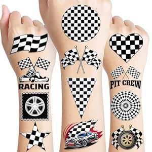 96 PCS Funny Race Car Checkered Flag Pre-Cut Black and White Temporary Tattoos Sticker Birthday Party Decorations Supplies Favors Gifts Boys Girls Men Cute Racing Fake Tattoo School Prizes (Normal)