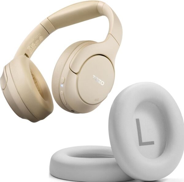TOZO HT2 Hybrid Active Noise Cancelling Headphones, Wireless Over Ear Bluetooth Headphones Khaki+HT2 Replacement Ear Pads White - Image 2