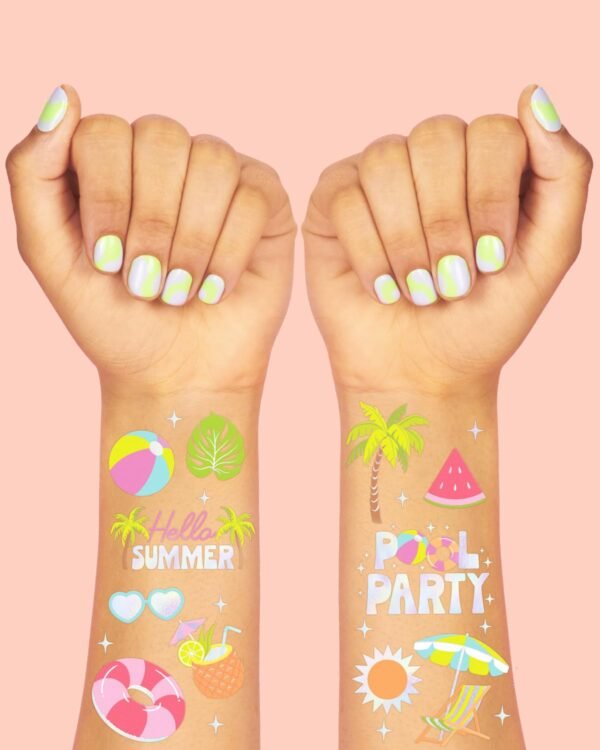 xo, Fetti Pool Party Temporary Tattoos - 68 Iridescent Foil Pcs | Summer Birthday Accessory, Kids Waterpark Party Favor, Cute Beach Activity - Image 4