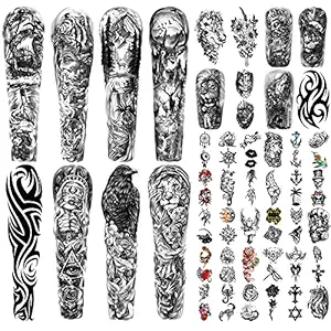 46 Sheets Temporary Tattoos for Adults and Kids, Full Arm Sleeve Tattoos for Men and Women, Fake Tattoos Realistic with Lion, Wolf, Flower, Eagle, Deer Patterns