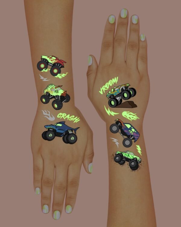 xo, Fetti Glow In The Dark Monster Truck Temporary Tattoos - 50 Foil Styles | Truck Birthday Party Decorations, Boys Pick Up Truck Party Favors, Race Car Temp Tats, Kids Arts and Crafts Supplies - Image 5