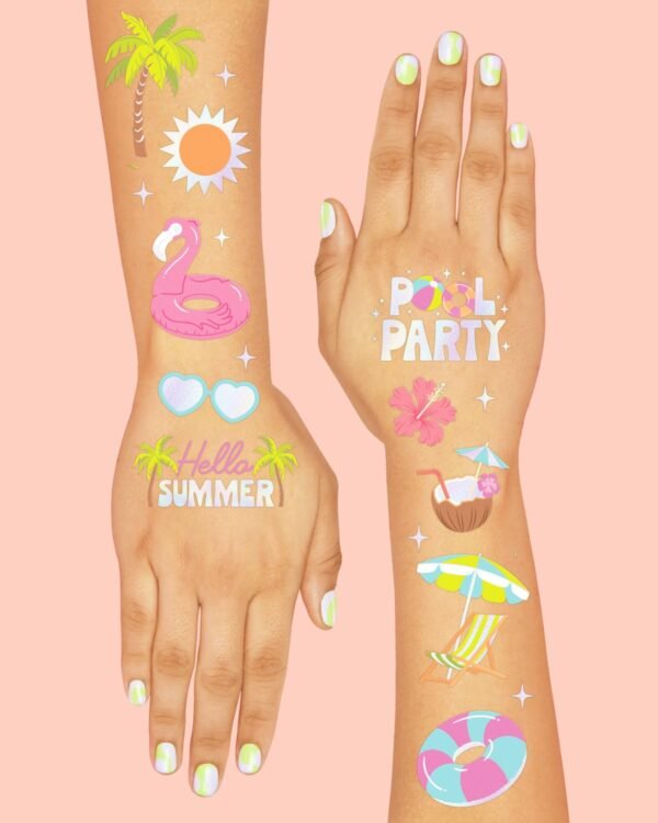 xo, Fetti Pool Party Temporary Tattoos - 68 Iridescent Foil Pcs | Summer Birthday Accessory, Kids Waterpark Party Favor, Cute Beach Activity - Image 5