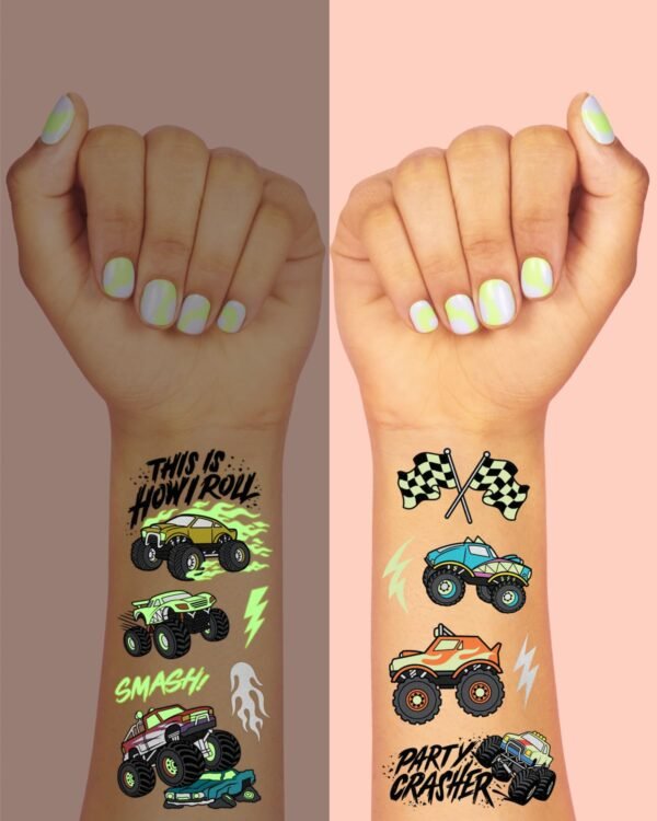 xo, Fetti Glow In The Dark Monster Truck Temporary Tattoos - 50 Foil Styles | Truck Birthday Party Decorations, Boys Pick Up Truck Party Favors, Race Car Temp Tats, Kids Arts and Crafts Supplies - Image 4