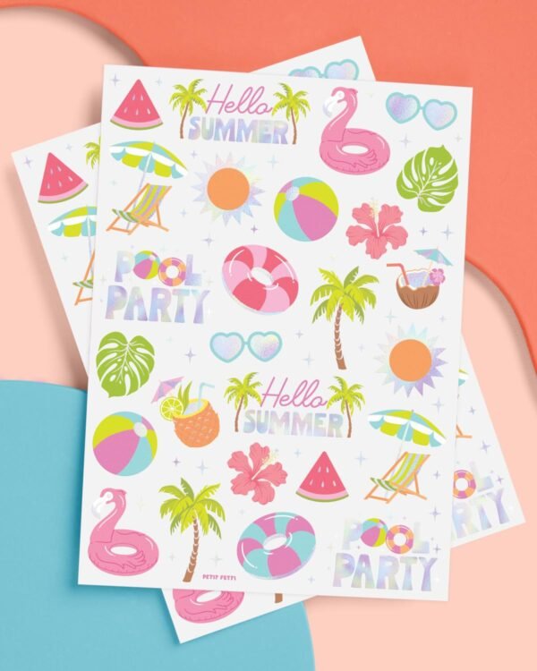 xo, Fetti Pool Party Temporary Tattoos - 68 Iridescent Foil Pcs | Summer Birthday Accessory, Kids Waterpark Party Favor, Cute Beach Activity - Image 3