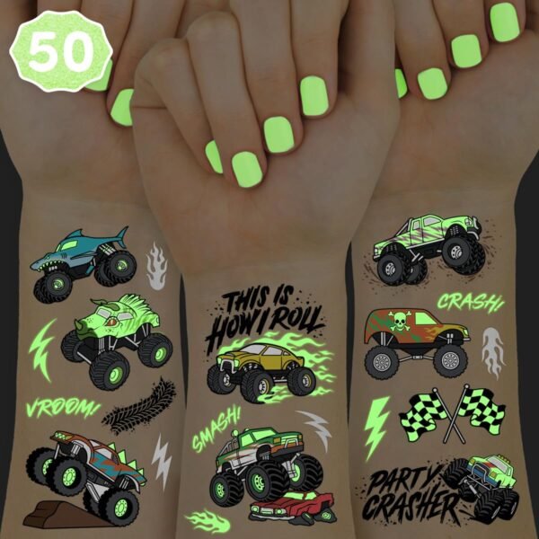 xo, Fetti Glow In The Dark Monster Truck Temporary Tattoos - 50 Foil Styles | Truck Birthday Party Decorations, Boys Pick Up Truck Party Favors, Race Car Temp Tats, Kids Arts and Crafts Supplies - Image 2