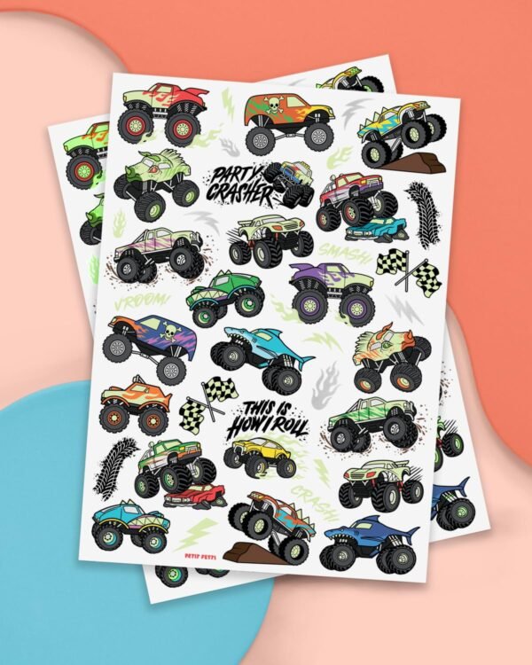 xo, Fetti Glow In The Dark Monster Truck Temporary Tattoos - 50 Foil Styles | Truck Birthday Party Decorations, Boys Pick Up Truck Party Favors, Race Car Temp Tats, Kids Arts and Crafts Supplies - Image 3