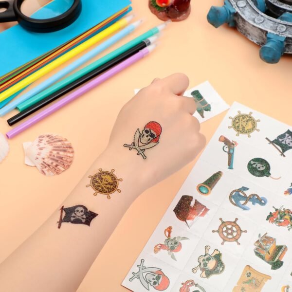 Landhoow 240 Pcs Pirate Tattoos Temporary for Kids Glitter Face Tattoos Cool Body Sticker Costume Accessory for Adults Boys Girls Party Favor - Image 5