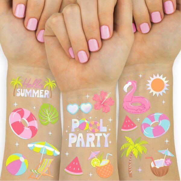 xo, Fetti Pool Party Temporary Tattoos - 68 Iridescent Foil Pcs | Summer Birthday Accessory, Kids Waterpark Party Favor, Cute Beach Activity - Image 2