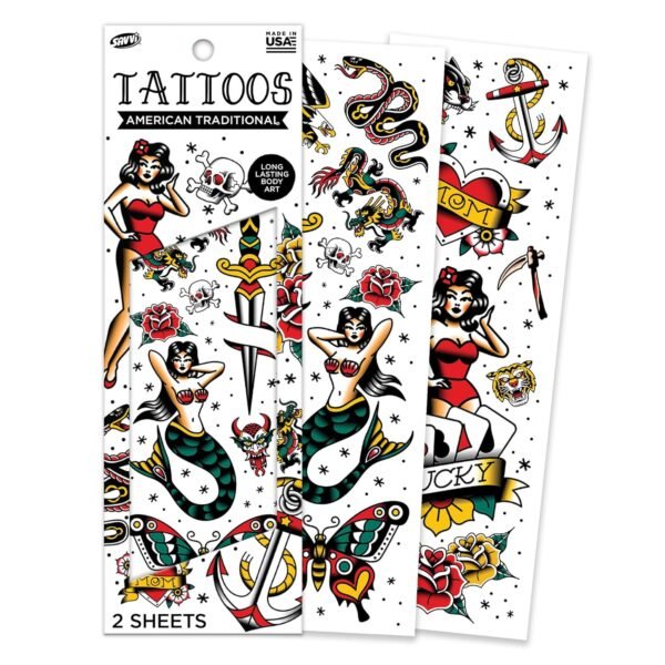Savvi - 18 American Traditional Temporary Tattoos: Skin-Safe Ink, Great for Parties and Everyday Wear,Gifts for Teens and Adults, Made in the USA [2 sheets, 18 count] - Image 2