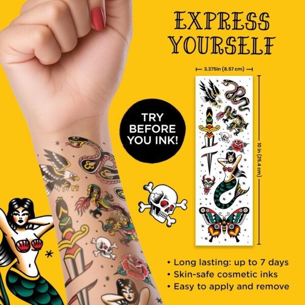 Savvi - 18 American Traditional Temporary Tattoos: Skin-Safe Ink, Great for Parties and Everyday Wear,Gifts for Teens and Adults, Made in the USA [2 sheets, 18 count] - Image 4
