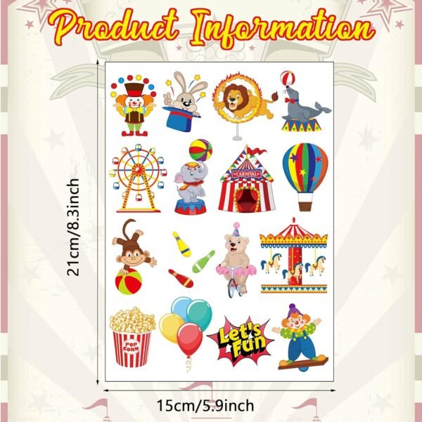 Maitys 288 Pcs Carnival Circus Tattoos for Kids, 48 Styles Temporary Tattoos Circus Theme Birthday Party Decorations Carnival Party Favors - Image 3