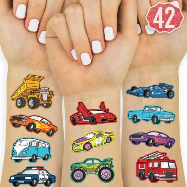 xo, Fetti Cars and Trucks Temporary Tattoos for Kids - 42 Foil style | Birthday Party Supplies, Race Car Party Favors + Construction Decor - Image 2